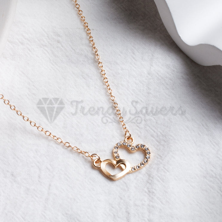 Women Classic Cubic Zirconia Double Hearts Pendant Gold Clavicle Chain Necklace