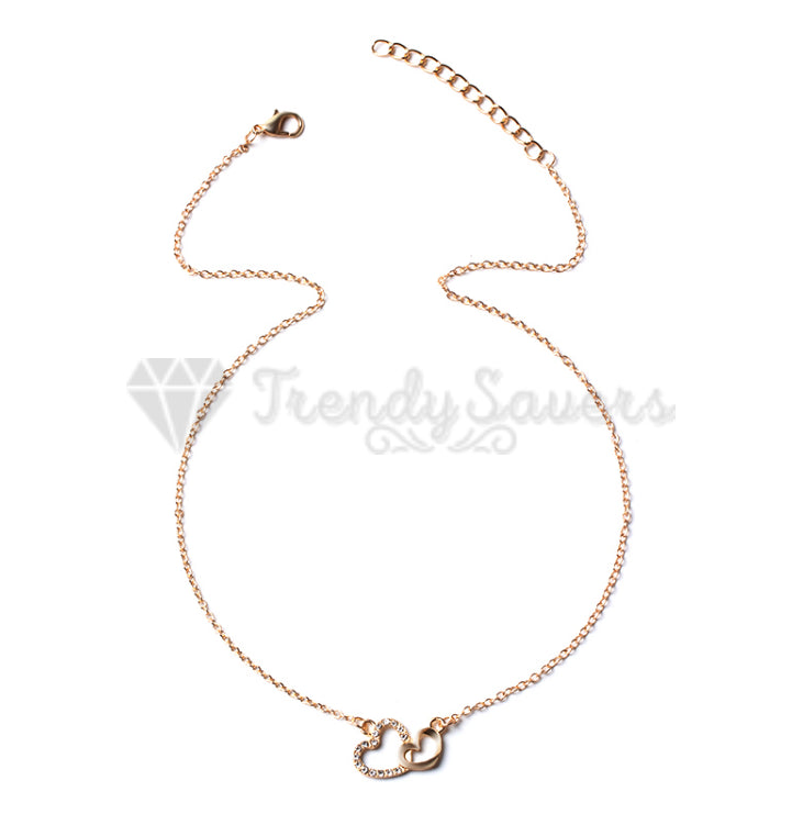 Women Classic Cubic Zirconia Double Hearts Pendant Gold Clavicle Chain Necklace