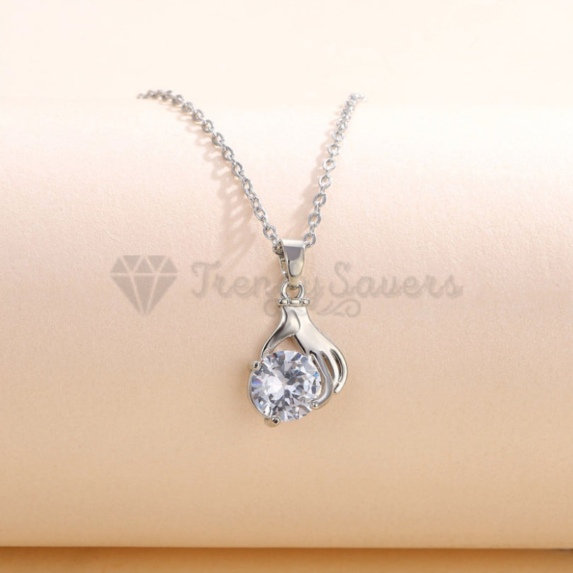 Round Cut Cubic Zircon Palm Hand Pendant Sterling Silver Chain Necklace Jewelry