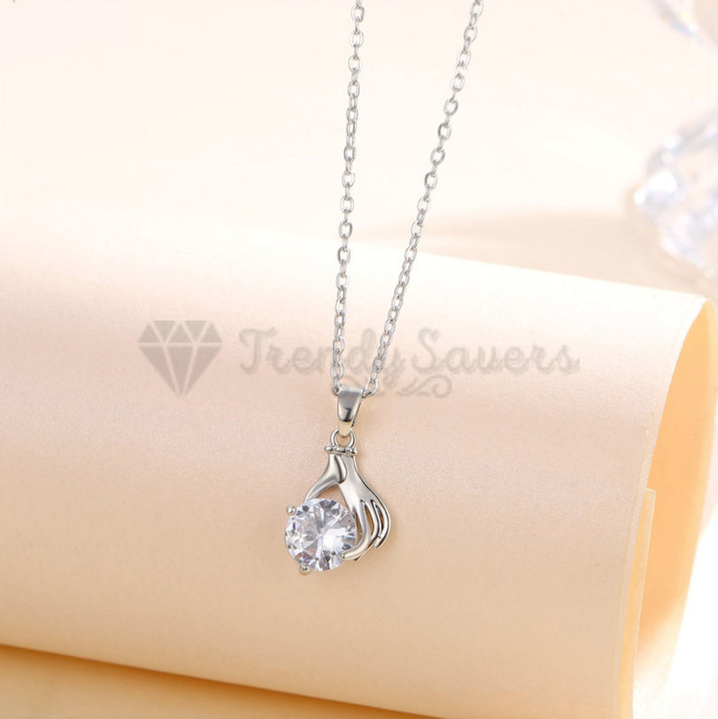 Round Cut Cubic Zircon Palm Hand Pendant Sterling Silver Chain Necklace Jewelry