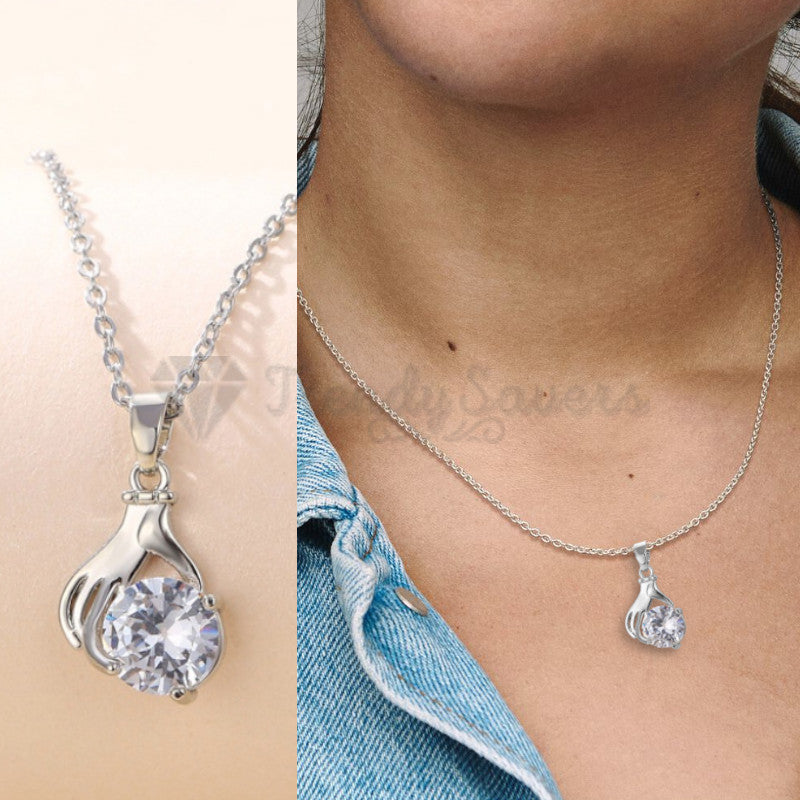 Round Cut Cubic Zircon Palm Hand Pendant Sterling Silver Chain Necklace Jewelry