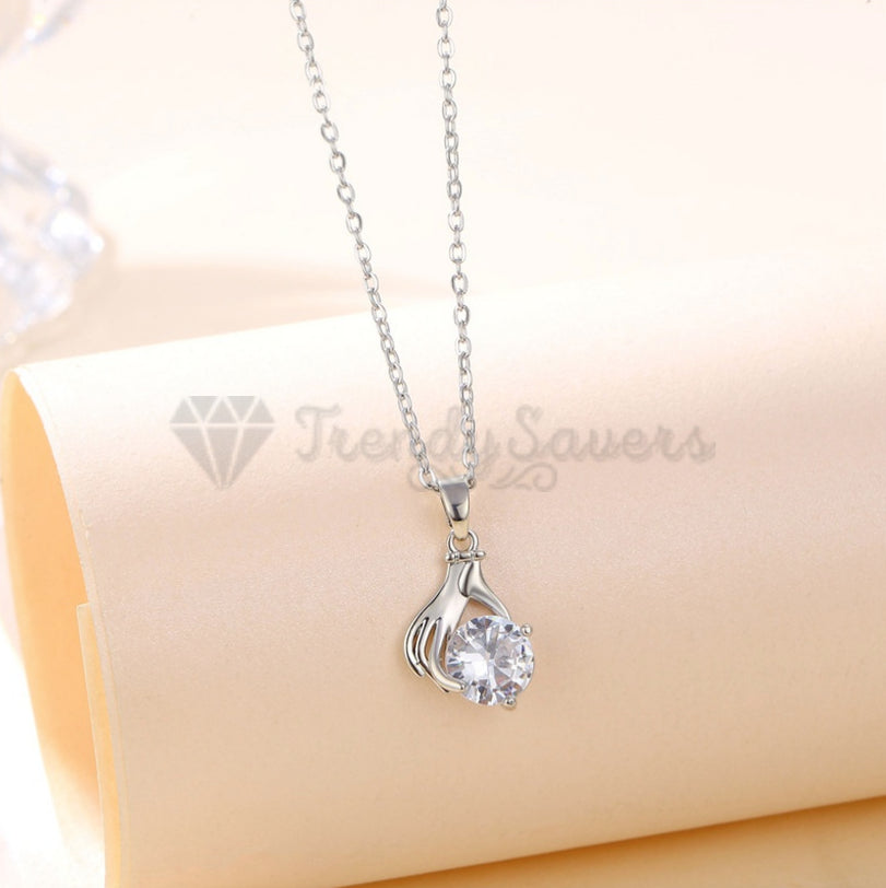 Round Cut Cubic Zircon Palm Hand Pendant Sterling Silver Chain Necklace Jewelry