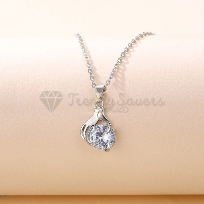 Round Cut Cubic Zircon Palm Hand Pendant Sterling Silver Chain Necklace Jewelry