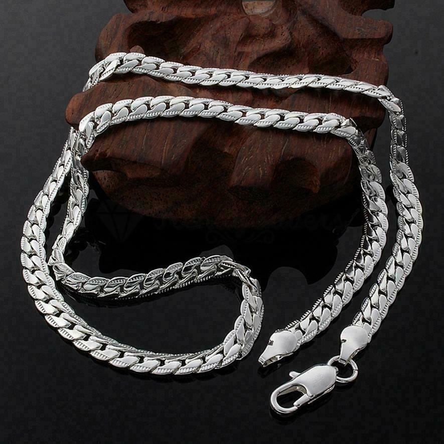 925 Sterling Silver Plated Thick Flat Link Cuban Curb Chain Necklace Jewellery