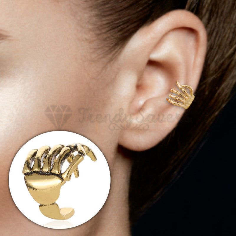 1x Surgical Steel Gothic Skeleton Hand Claw Metal Ear Cuff Clip On Gold Earrings