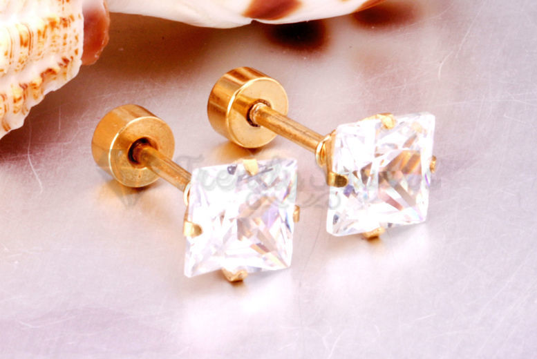 Gold Surgical Steel 3MM White Cubic Zirconia Square Stud Earrings Women Jewelry