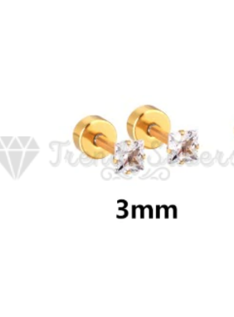Gold Surgical Steel 3MM White Cubic Zirconia Square Stud Earrings Women Jewelry