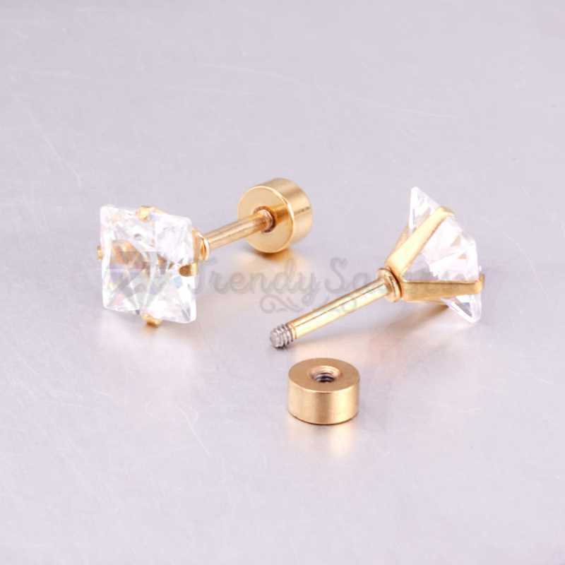 Gold Surgical Steel 3MM White Cubic Zirconia Square Stud Earrings Women Jewelry