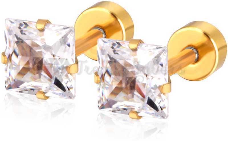 Gold Surgical Steel 3MM White Cubic Zirconia Square Stud Earrings Women Jewelry
