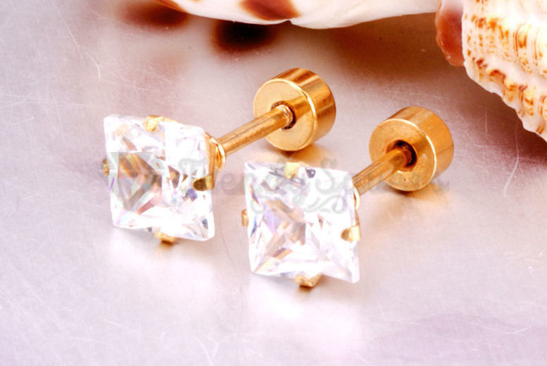 Gold Surgical Steel 3MM White Cubic Zirconia Square Stud Earrings Women Jewelry