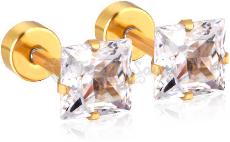Gold Surgical Steel 3MM White Cubic Zirconia Square Stud Earrings Women Jewelry