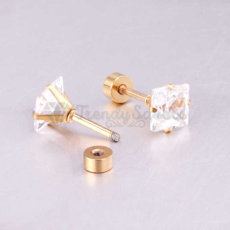 4MM Ear Piercing Studs Square Cubic Zirconia Stud Earrings Surgical Steel Gold