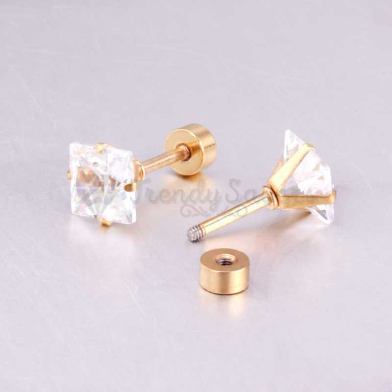 New Women Men Kids Surgical Steel Gold Square Cut CZ Cartilage Stud Earrings 6MM