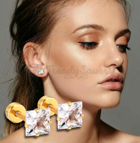 New Women Men Kids Surgical Steel Gold Square Cut CZ Cartilage Stud Earrings 6MM
