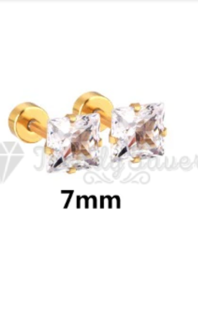 Gold Surgical Steel 7MM Classic Square Cubic Zirconia Ear Stud Earrings Piercing