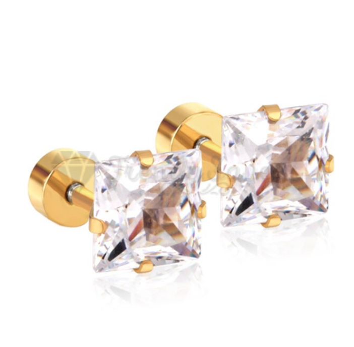 Gold Surgical Steel 7MM Classic Square Cubic Zirconia Ear Stud Earrings Piercing