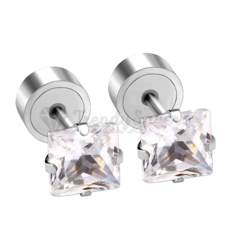 Square Princess Cut CZ Prong Set Silver Unisex Surgical Steel Stud Earrings 8MM