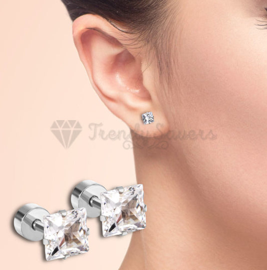 3MM Pair Surgical Steel Silver Square Cut CZ Screwback Stud Earrings Jewellery