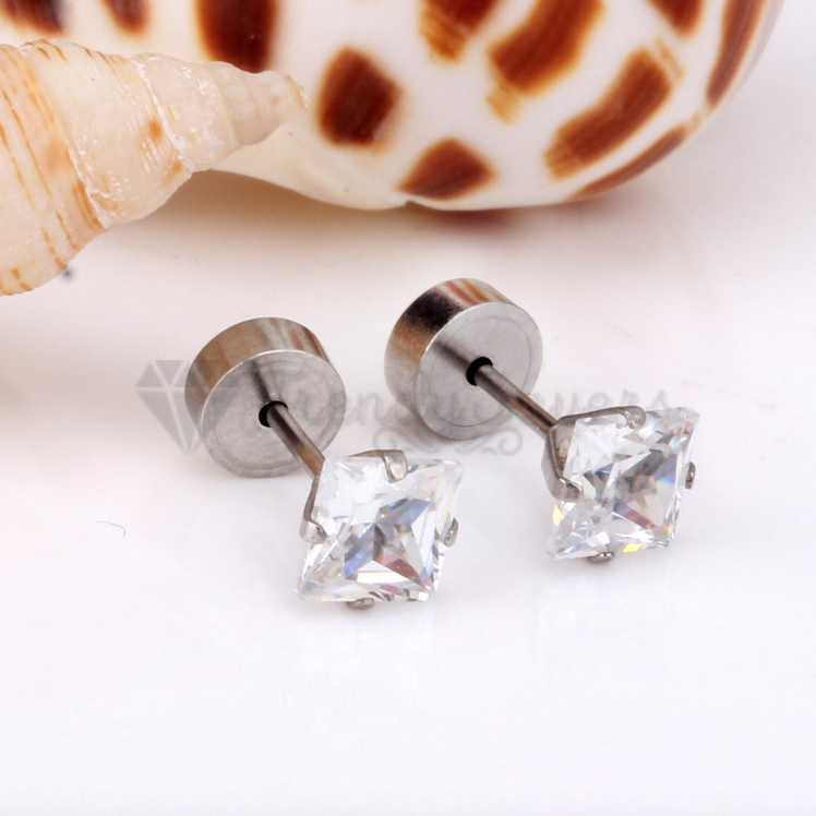 3MM Pair Surgical Steel Silver Square Cut CZ Screwback Stud Earrings Jewellery