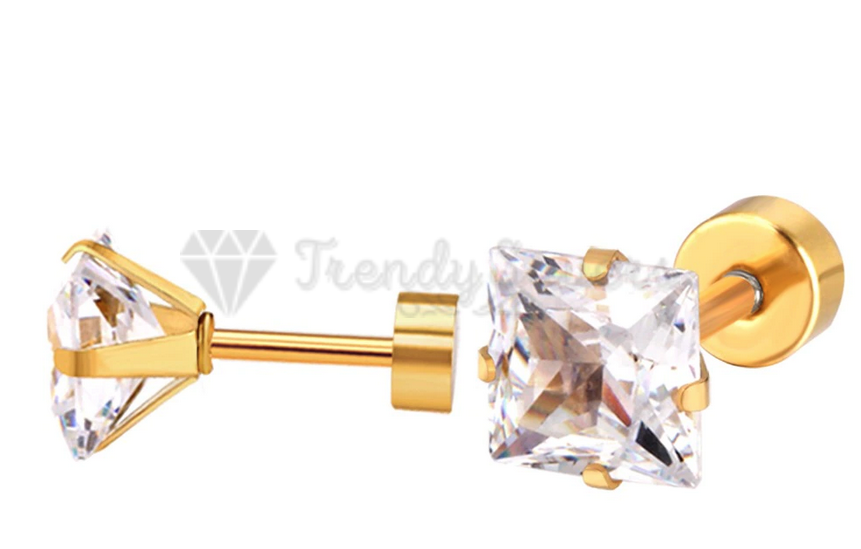 Square Cubic Zirconia Solitaire CZ Stud Earrings Gold Surgical Steel 8MM Wide
