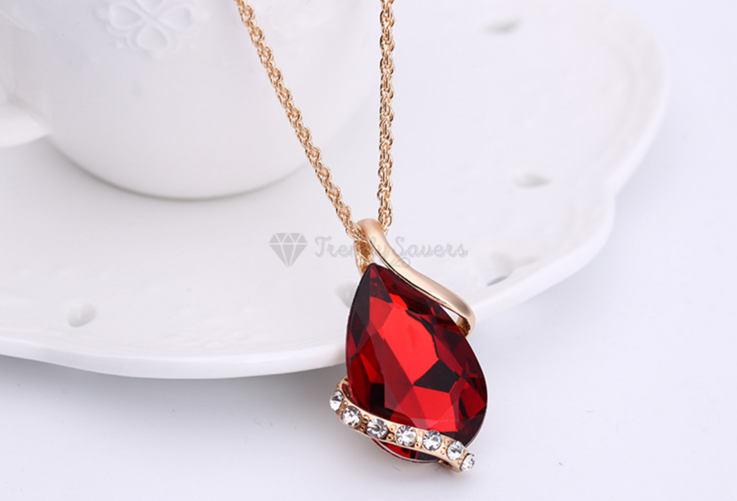 Red Crystal Pendant Necklace Dangle Drop Earrings Gold Plated Women Jewelry Set