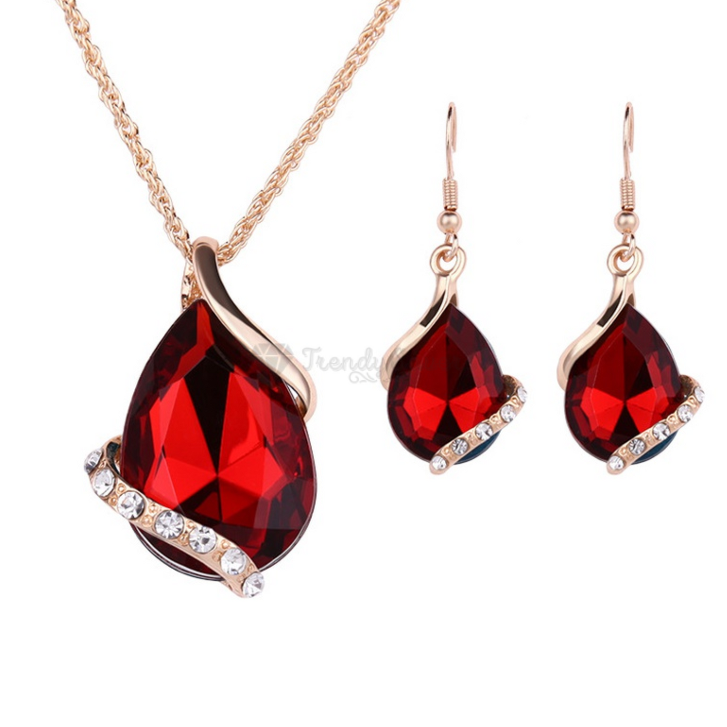 Red Crystal Pendant Necklace Dangle Drop Earrings Gold Plated Women Jewelry Set