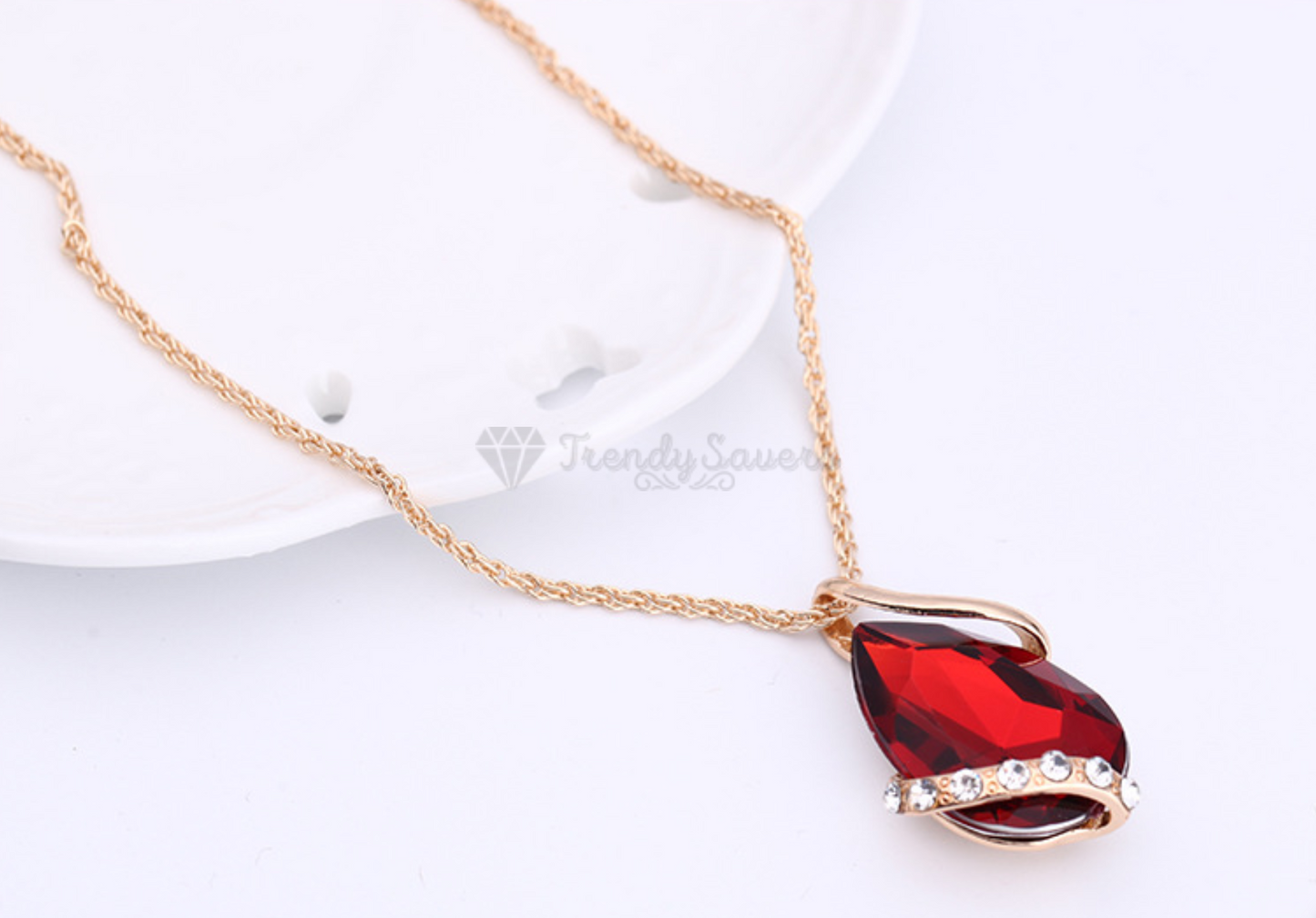 Red Crystal Pendant Necklace Dangle Drop Earrings Gold Plated Women Jewelry Set