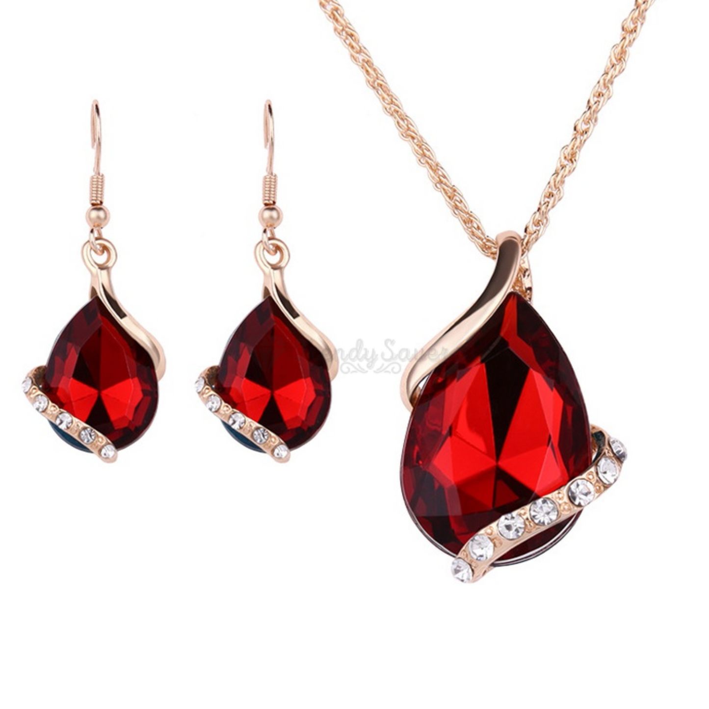 Red Crystal Pendant Necklace Dangle Drop Earrings Gold Plated Women Jewelry Set