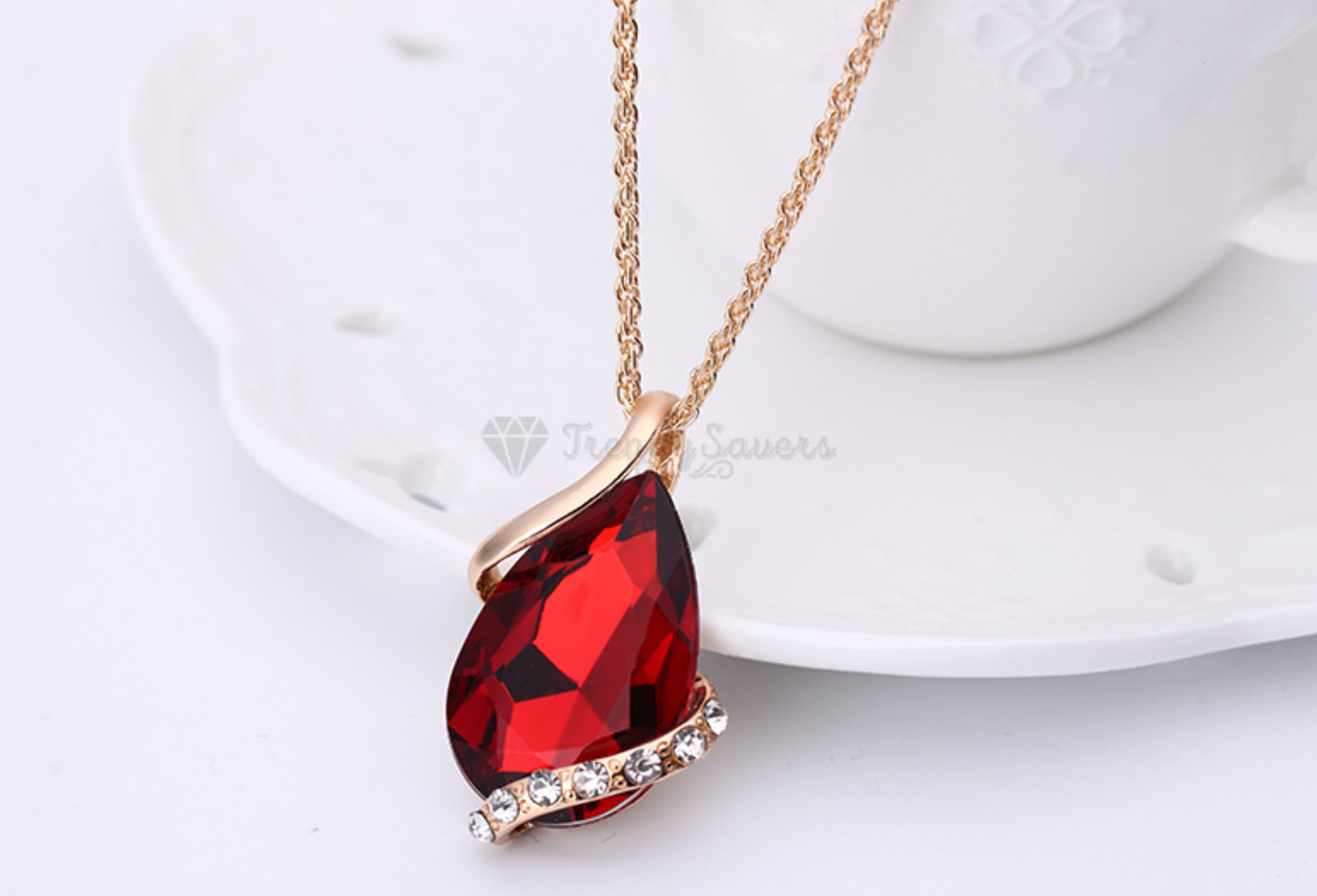 Red Crystal Pendant Necklace Dangle Drop Earrings Gold Plated Women Jewelry Set