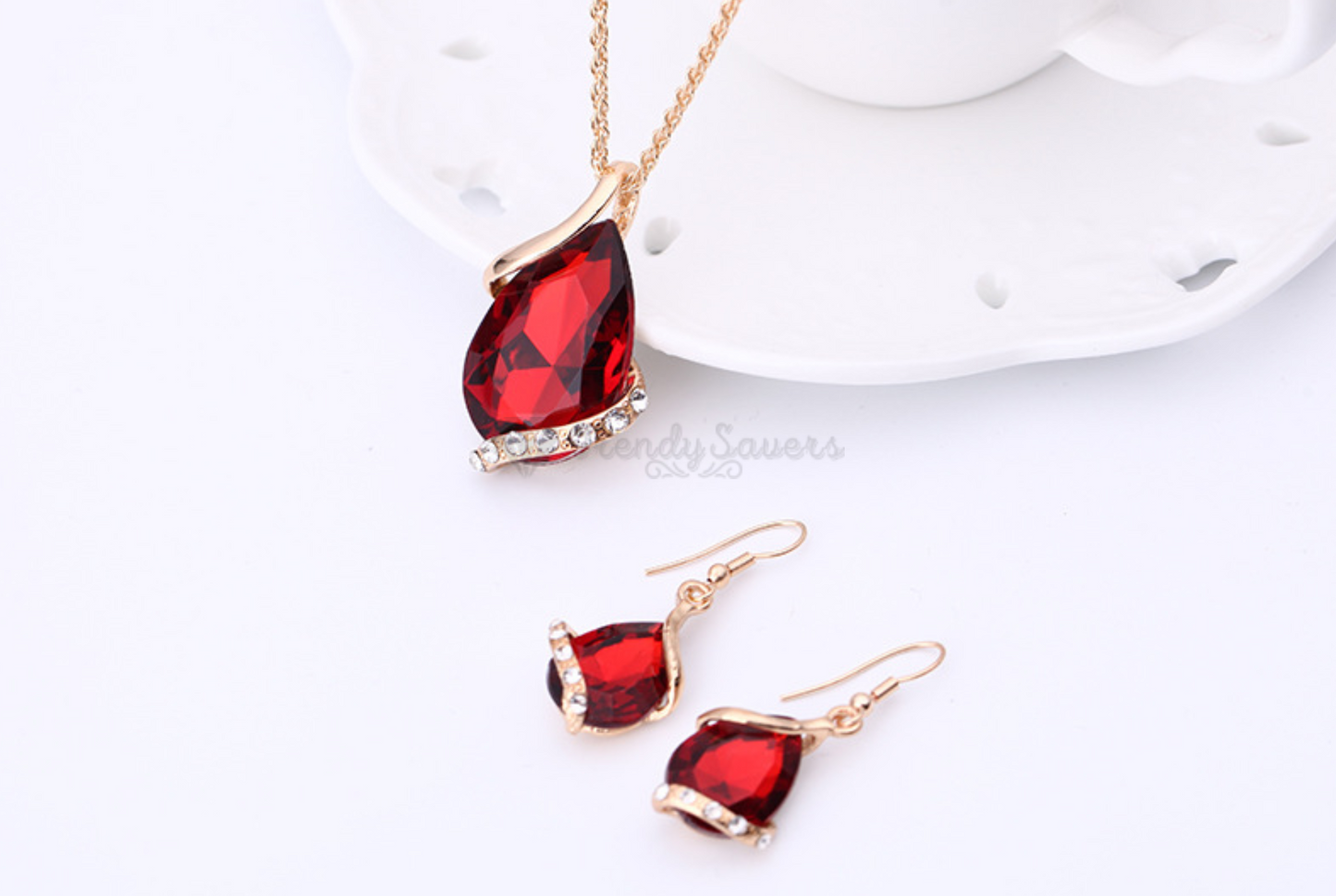 Red Crystal Pendant Necklace Dangle Drop Earrings Gold Plated Women Jewelry Set