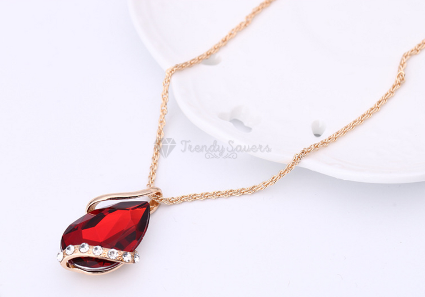 Red Crystal Pendant Necklace Dangle Drop Earrings Gold Plated Women Jewelry Set