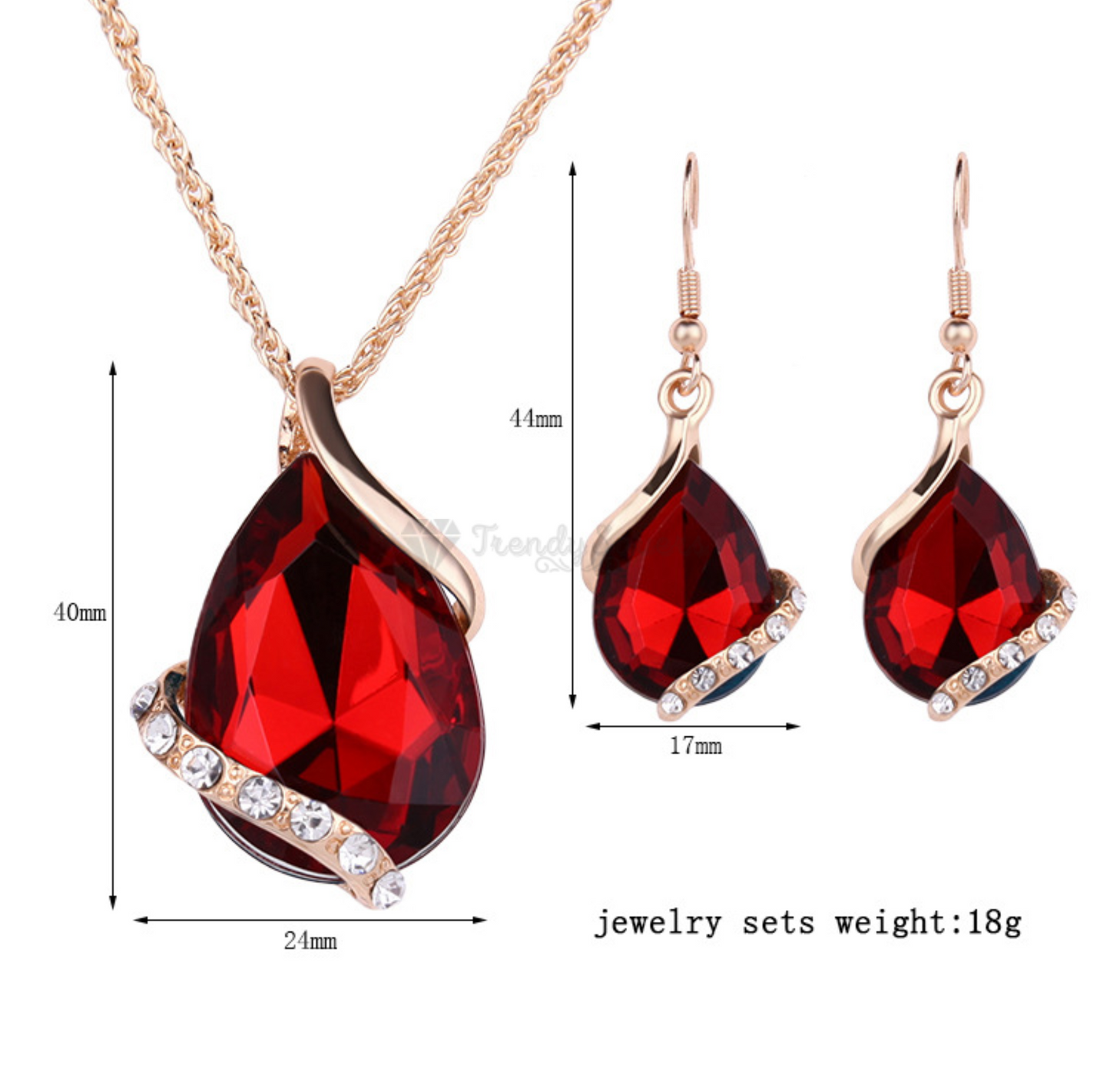 Red Crystal Pendant Necklace Dangle Drop Earrings Gold Plated Women Jewelry Set