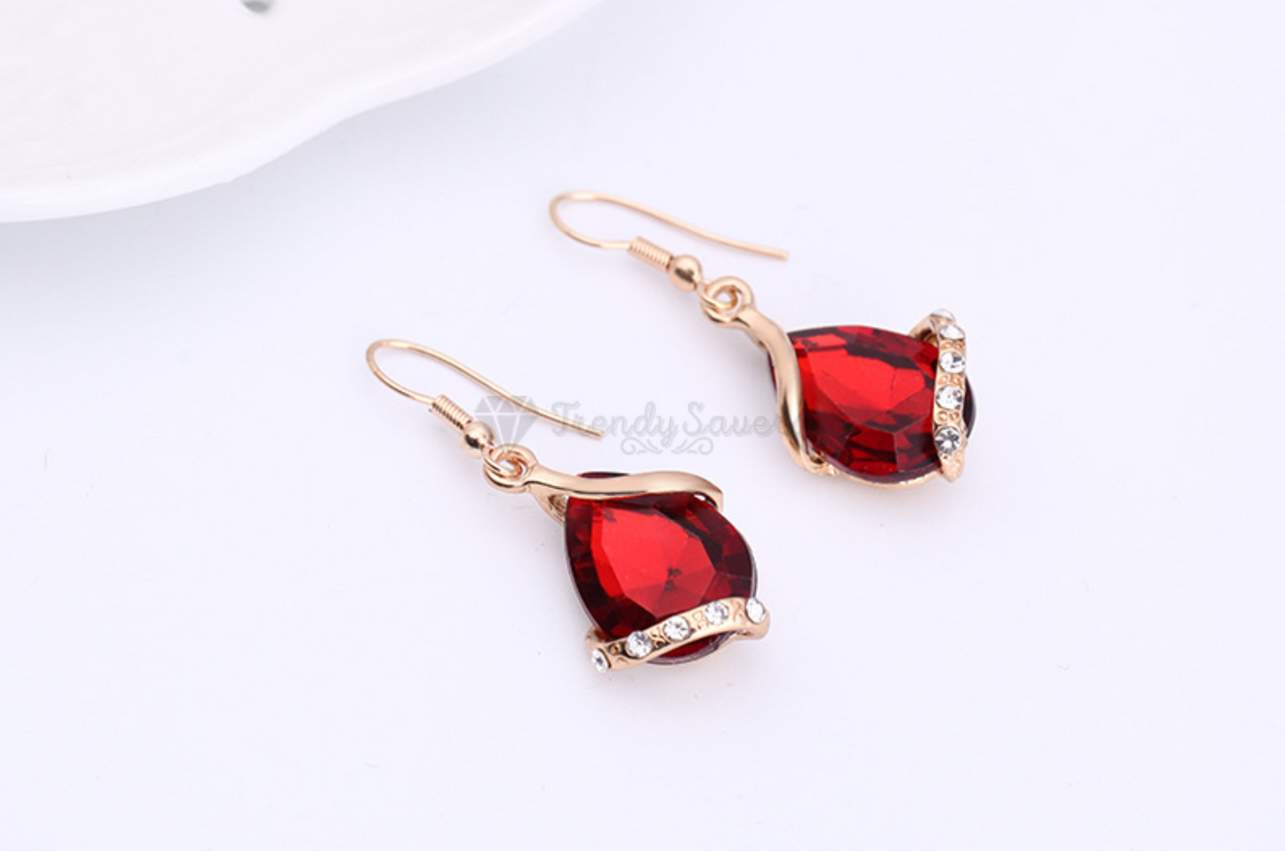 Red Crystal Pendant Necklace Dangle Drop Earrings Gold Plated Women Jewelry Set