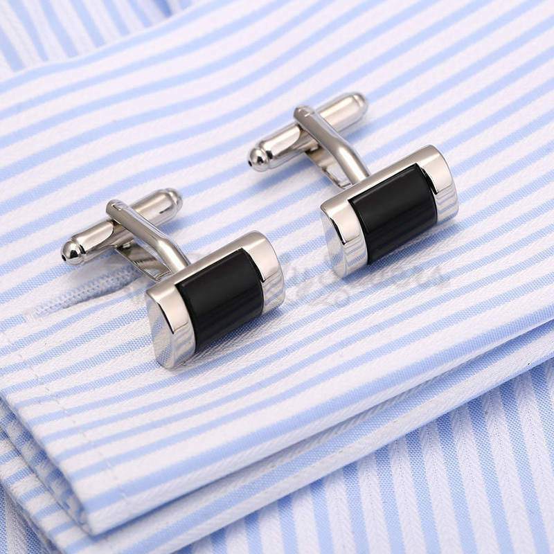 Men's Boys Smooth Curved Rectangle Silver Plated Plain Black Cuff Link Cufflink