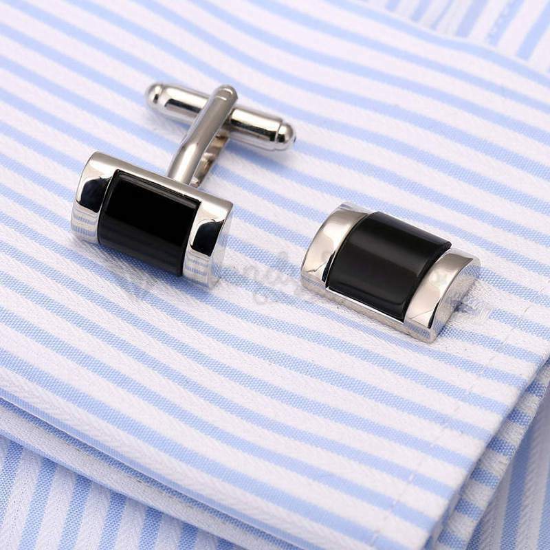 Men's Boys Smooth Curved Rectangle Silver Plated Plain Black Cuff Link Cufflink