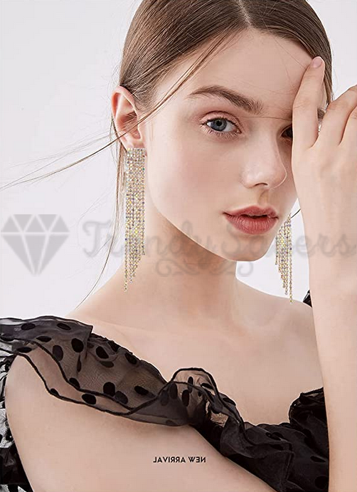 Gold Plated Dangle Hanging Crystal Tassel Long Drop Earrings Sterling Silver UK