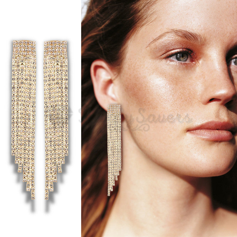 Gold Plated Dangle Hanging Crystal Tassel Long Drop Earrings Sterling Silver UK