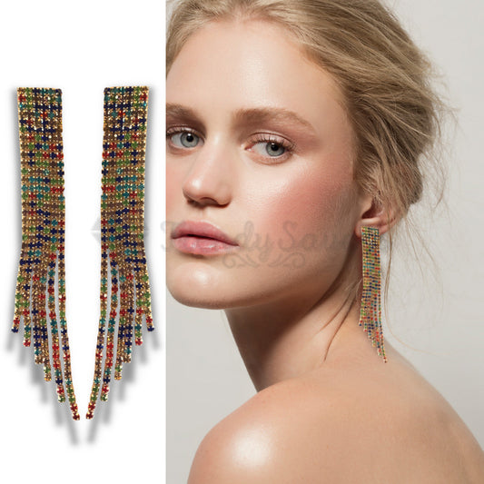 Sterling Silver Crystal Drop Chandelier Long Tassel Stud Earrings Gold Jewellery