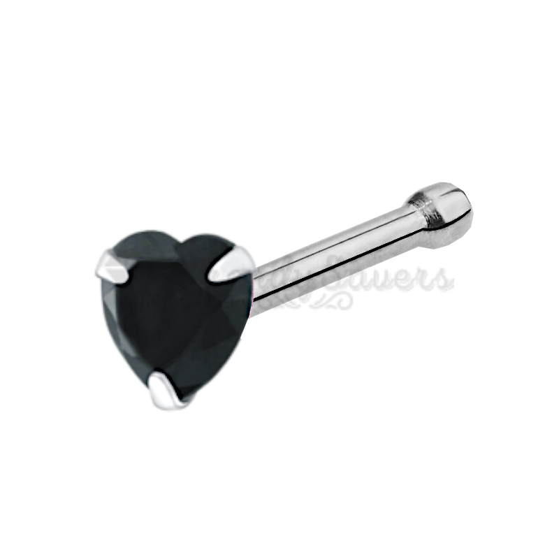 100% Solid Sterling Silver Small Black Heart Crystal Nose Ring Stud Straight End