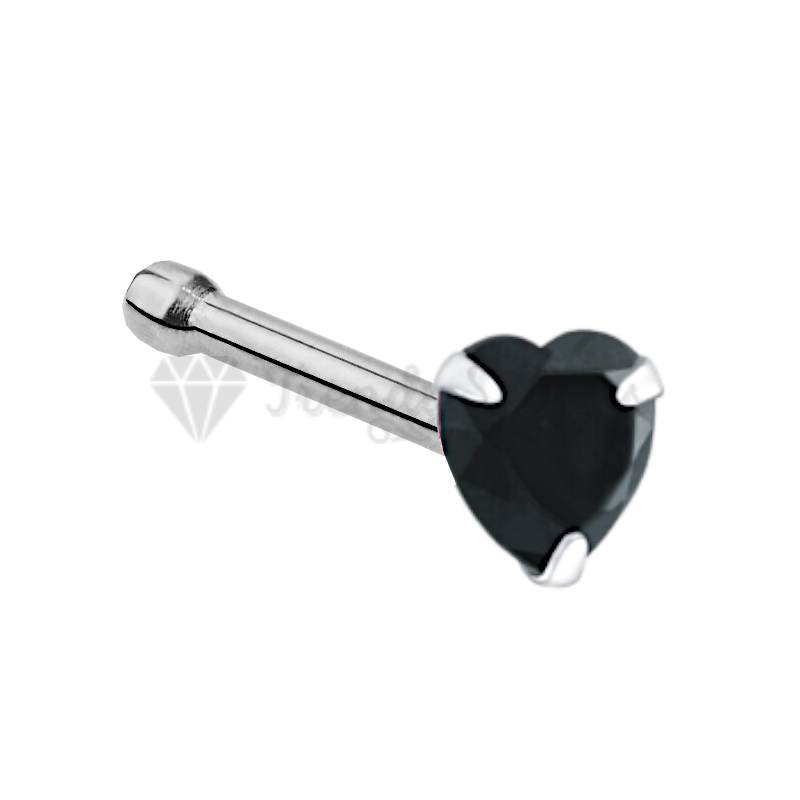 100% Solid Sterling Silver Small Black Heart Crystal Nose Ring Stud Straight End