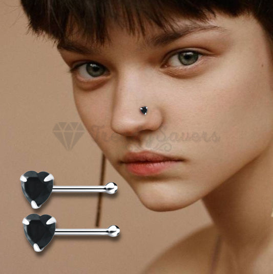 100% Solid Sterling Silver Small Black Heart Crystal Nose Ring Stud Straight End
