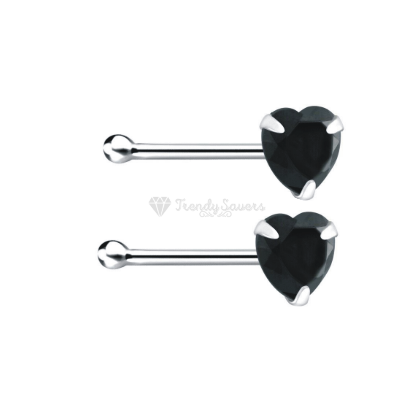 100% Solid Sterling Silver Small Black Heart Crystal Nose Ring Stud Straight End