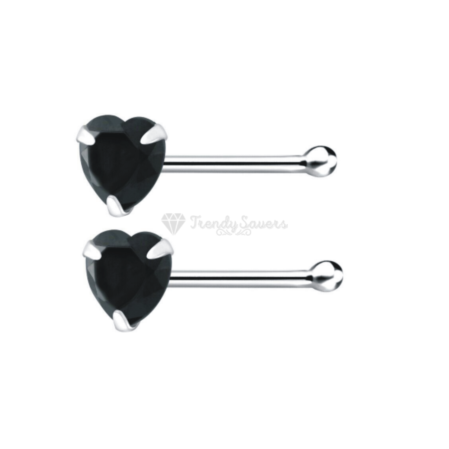 100% Solid Sterling Silver Small Black Heart Crystal Nose Ring Stud Straight End