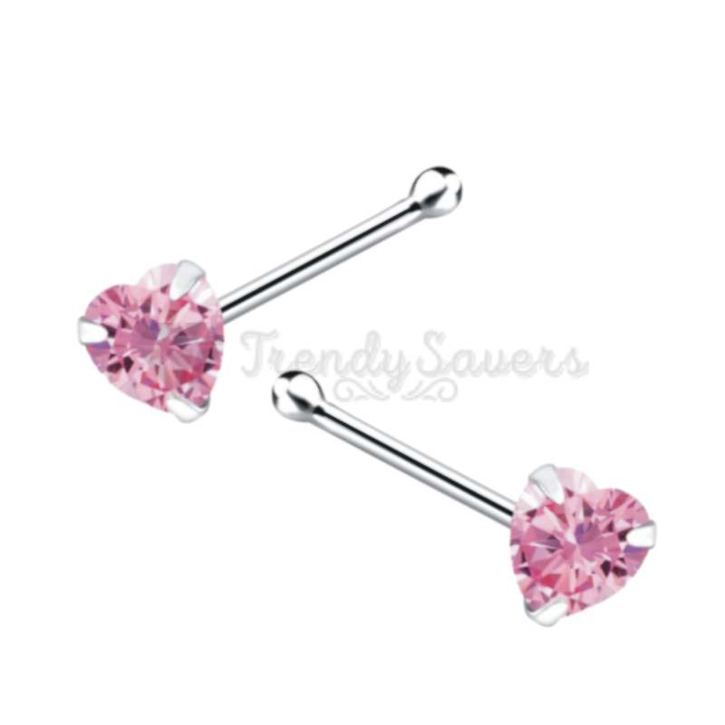 Women Ladies Heart Shape Pink Crystal Nose Stud Bone End Piercing Pins 3MM Wide