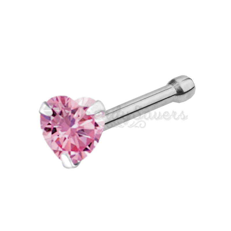 Women Ladies Heart Shape Pink Crystal Nose Stud Bone End Piercing Pins 3MM Wide