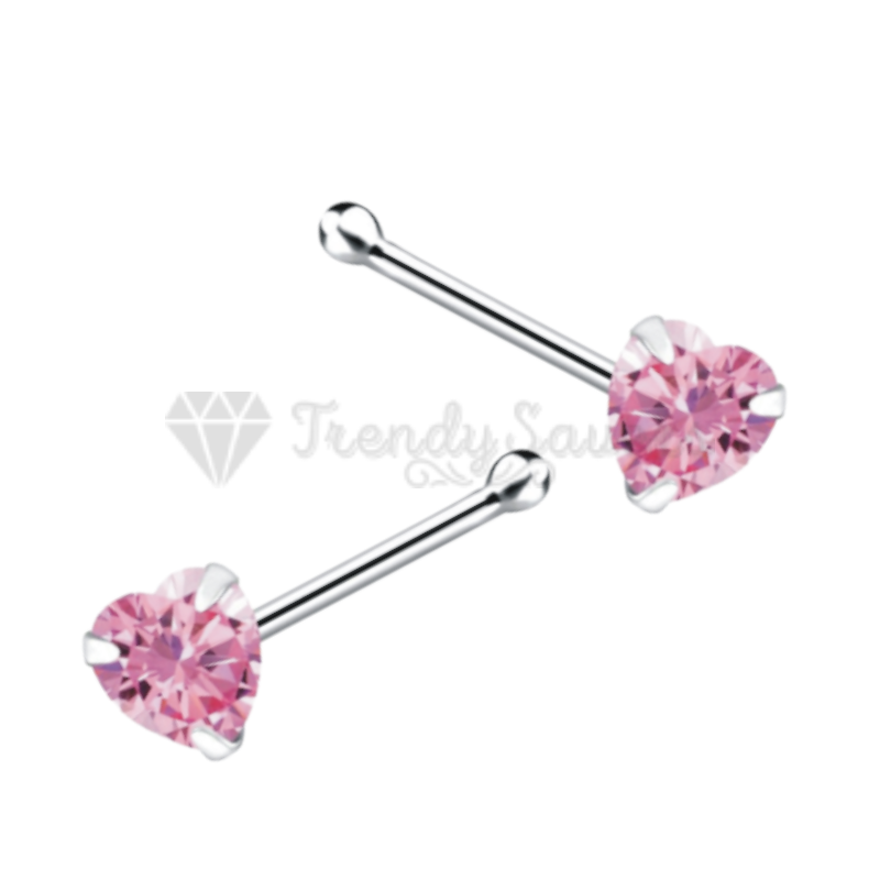 Women Ladies Heart Shape Pink Crystal Nose Stud Bone End Piercing Pins 3MM Wide