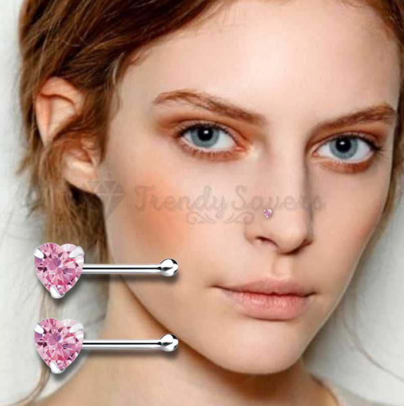 Women Ladies Heart Shape Pink Crystal Nose Stud Bone End Piercing Pins 3MM Wide