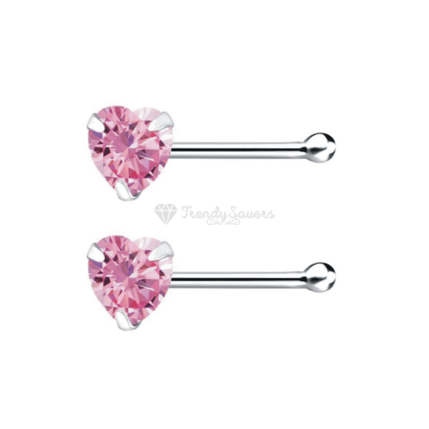 Women Ladies Heart Shape Pink Crystal Nose Stud Bone End Piercing Pins 3MM Wide