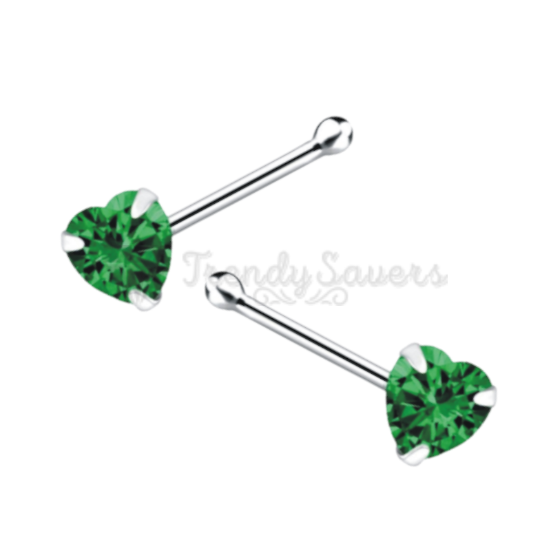 925 Sterling Silver Crystal Heart Green CZ Prong Pin Piercing Bone End Nose Stud