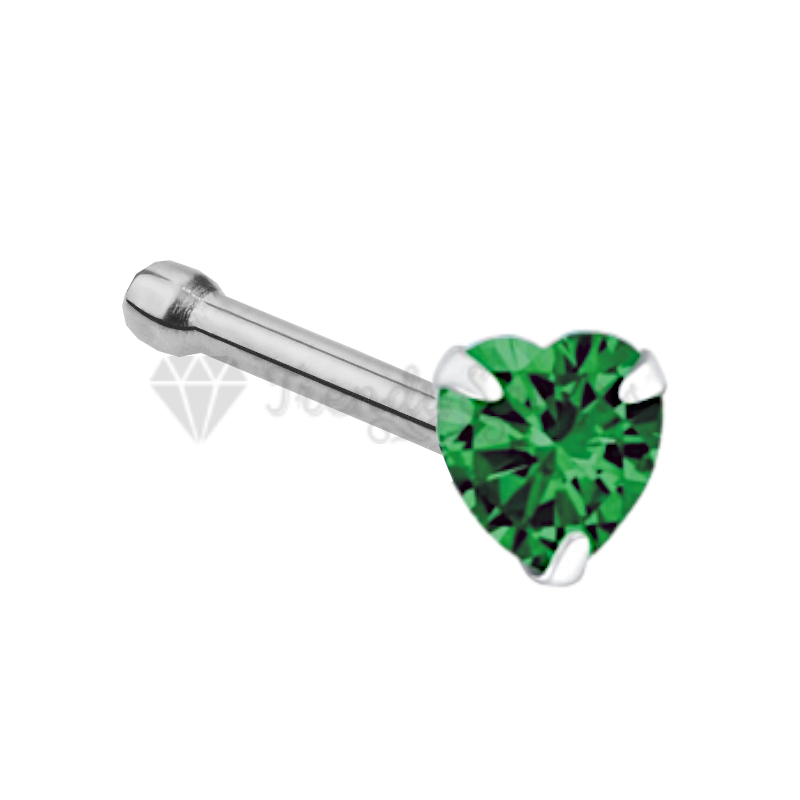 925 Sterling Silver Crystal Heart Green CZ Prong Pin Piercing Bone End Nose Stud